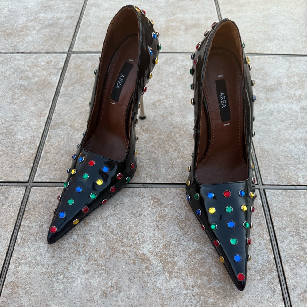 AREA Black Patent Leather Clear Jeweled Pointed Toe Pumps - Picture 2 of 16